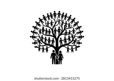 ['A black silhouette graphic of a tree formed by many interconnected human figures representing a family lineage or community connection']