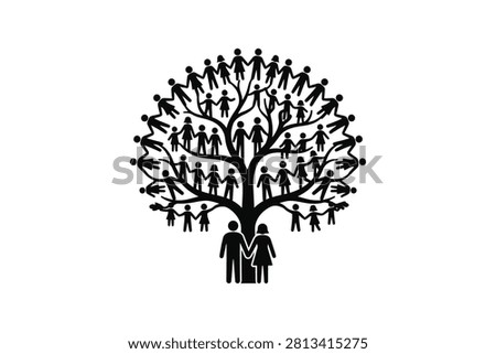 ['A black silhouette graphic of a tree formed by many interconnected human figures representing a family lineage or community connection']