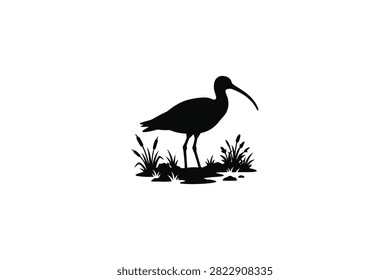 ['A black silhouette of an ibis bird with a long curved beak standing amidst tall grass and reeds on a white background']