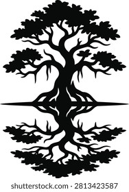 ['A black silhouette illustration of a large spreading tree with a perfect mirror reflection below, creating a balanced and artistic nature design.']