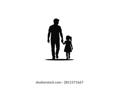 ['A black silhouette illustration of a man walking alongside a small girl holding hands against a plain white background']