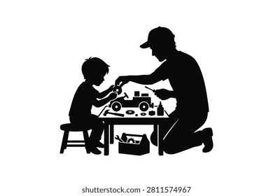 ['A black silhouette illustration showing a father kneeling and a young son sitting at a table, assembling a toy car with tools from a toolbox.']