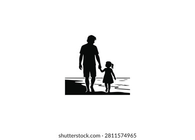 ['A black silhouette of a man and a little girl walking hand in hand on a beach shore']