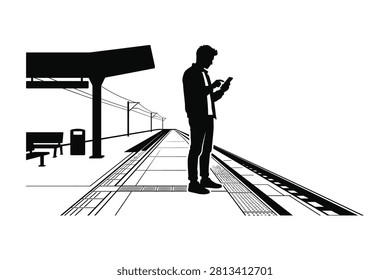 ['A black silhouette of a man standing on a train platform, holding and looking at a smartphone in his hands.']