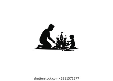 ['A black silhouette of a parent and a small child kneeling on the sand, working together to construct a detailed sandcastle with towers and flags']