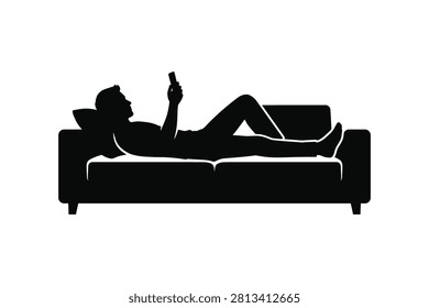 ['A black silhouette of a person lying down on a couch, propped up by a pillow, holding and looking at a mobile phone.']