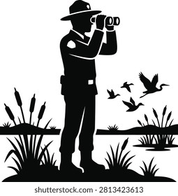 ['A black silhouette of a uniformed park ranger wearing a wide-brimmed hat and looking through binoculars while standing in a natural outdoor setting.']