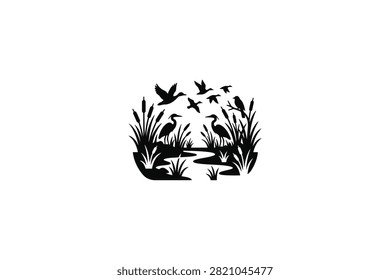 ['A black and white graphic depicting a marshland with herons standing in water, flying ducks, and tall cattails in a stylized natural environment']
