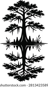 ['A black and white graphic illustration featuring a cypress tree with Spanish moss and swamp knees mirrored perfectly across a horizontal water line.']