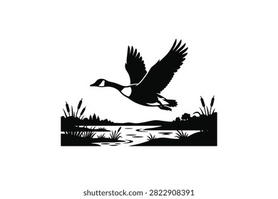 ['A black and white graphic illustration featuring a Canada goose flying with wings spread wide above a serene wetland landscape with reeds and water']