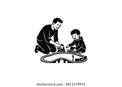 ['A black and white illustration of a man and a young boy kneeling on the floor, engaged in play with a small toy train and track system.']