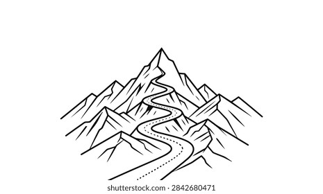 ['A black and white line drawing of a curvy road ascending through a mountain range towards the highest peak.']