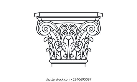 ['A black and white vector style drawing of an ornate architectural column capital featuring acanthus leaves and scroll volutes']