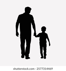 "A black-and-white silhouette of a father holding hands with his child, symbolizing love and family bonding. Perfect for parenting and relationship themes."