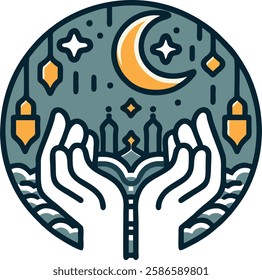 "A black-and-white vector logo featuring two hands supporting a crescent moon and star, symbolizing faith, prayer, and spirituality in Islamic culture.