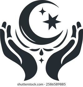 "A black-and-white vector logo featuring two hands supporting a crescent moon and star, symbolizing faith, prayer, and spirituality in Islamic culture.