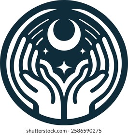 "A black-and-white vector logo featuring two hands supporting a crescent moon and star, symbolizing faith, prayer, and spirituality in Islamic culture.