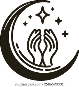 "A black-and-white vector logo featuring two hands supporting a crescent moon and star, symbolizing faith, prayer, and spirituality in Islamic culture.