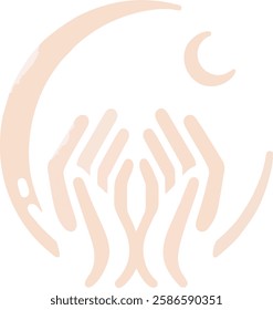 "A black-and-white vector logo featuring two hands supporting a crescent moon and star, symbolizing faith, prayer, and spirituality in Islamic culture.