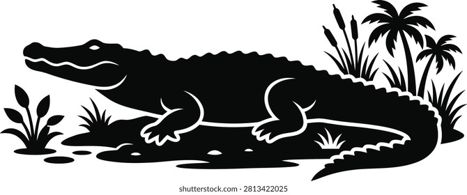 ['A bold black graphic illustration of a side profile of an alligator with textured scales and a long tail positioned in a marshy environment']