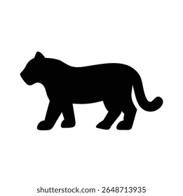 "A bold black silhouette of a walking big cat, possibly a tiger or panther, depicted in a minimalist and side-profile view. The design features smooth curves and strong legs, capturing the animal