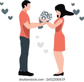 "A boy with a bright smile is presenting a bouquet of colorful flowers to a delighted girl, standing under the soft glow of sunlight, creating a tender and heartwarming moment."