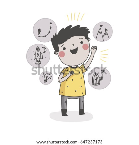 "A boy in a yellow T-shirt with a cheerful face and a raised hand stays surrounded by his goals. Vector illustration isolated on a white background 
