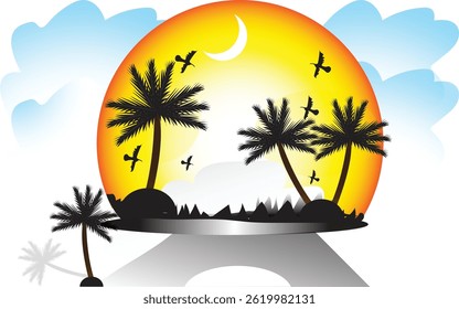 "A breathtaking tropical sunset with warm golden hues and elegant palm trees, reflecting the calm and happy vibes of a perfect summer escape. Ideal for t-shirt art, wall prints, and travel-themed