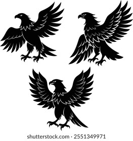 "A bundle of eagle silhouette vector illustrations featuring majestic eagles in dynamic poses. Perfect for logos, banners, and designs requiring bold, elegant bird imagery. High-quality, versatile, an