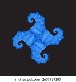 'A captivating abstract digital art piece featuring a blue swirling and curling fractal-like pattern with layered, fluid shapes on a sleek black background, conveying dynamic motion and organic flow.'