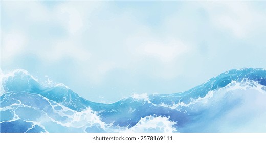 "A Captivating Abstract Ocean Wave Background Featuring Fluid Blue and White Watercolors with Smooth, Tropical Tsunami Waves Splashing Across the Canvas in a Calming, Cartoon-style Fluid Motion"
