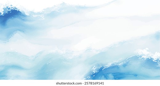 "A Captivating Abstract Ocean Wave Background Featuring Fluid Blue and White Watercolors with Smooth, Tropical Tsunami Waves Splashing Across the Canvas in a Calming, Cartoon-style Fluid Motion"
