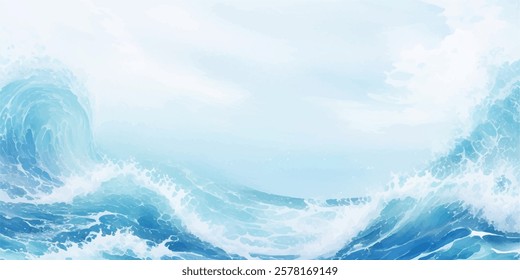 "A Captivating Abstract Ocean Wave Background Featuring Fluid Blue and White Watercolors with Smooth, Tropical Tsunami Waves Splashing Across the Canvas in a Calming, Cartoon-style Fluid Motion"
