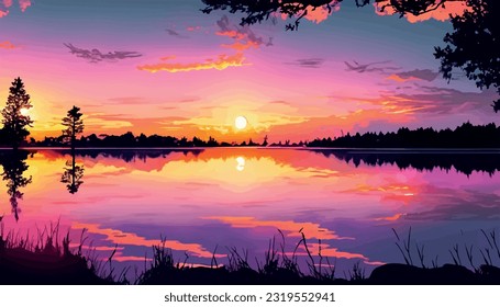 .Ein faszinierender Sommerwallpaper eines atemberaubenden Sonnenuntergangs über einem ruhigen See am Himmel und Reflexion im Wasser.
  Skyline, Landschaft, Natur, Sonnenlichtfluss, Sommer, Silhouette, Orange, Früh Morgen .