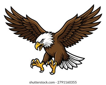 ['A cartoon illustration of a bald eagle in flight with its wings outstretched and talons extended.']