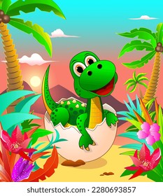  .A cartoon little dinosaur of green color sits in an egg in the background of the jungle. The birth of a dinosaur, various plants, and the sun shining in the sky.                                    