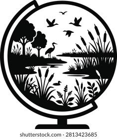 ['A circular graphic featuring a marshland landscape with trees, cattails, a heron, and flying birds, enclosed within a globe-shaped border']