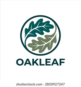 ['A circular logo design featuring two stylized oak leaves in contrasting shades of green arranged in a yin and yang style with the word OAKLEAF underneath']