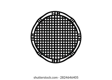 ['A circular metal utility cover featuring a geometric grid pattern and structural border details in a minimalist black and white graphic style']