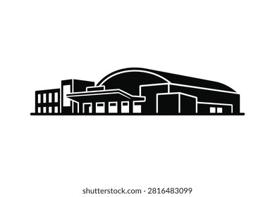 ['A clean black and white vector illustration of a large sports arena or convention center building with a curved roof and geometric architectural features']