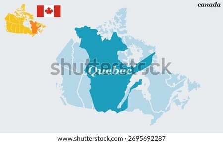 
"A clean and detailed vector map illustration of Quebec, Canada's largest province. The design features the outline of Quebec along with the Canadian national flag, highlighting the province's .
