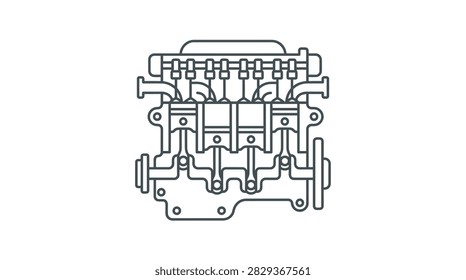 ['A clean vector outline drawing showing the internal components of a four cylinder engine including pistons connecting rods crankshaft and valves']