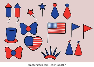 "A collection of hand-drawn patriotic icons in red, white, and blue, inspired by American Independence Day. The set includes fireworks, ties, party hats, flags, stars, bows, a heart, and a top hat,