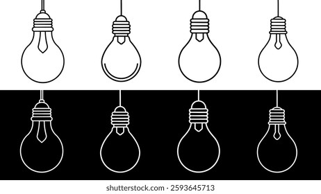 "A collection of light bulb vector icons in both outline and silhouette styles. The designs feature hanging bulbs with filaments, perfect for energy concepts, innovation themes, modern digital artwork