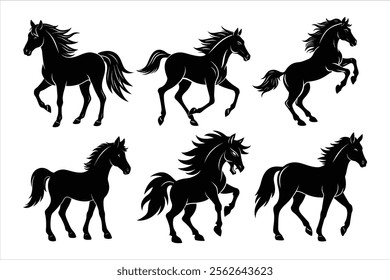 "A collection of stunning horse silhouette vector illustrations, perfect for designs, logos, and decorations. Each silhouette showcases graceful horse poses, ideal for creative projects, equestrian 