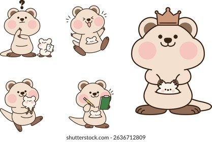 "A collection of a versatile quokka's exciting moments: cheering, using a smartphone, enjoying a party, and looking smart with glasses. Featuring lively expressions and actions, this illustration set 