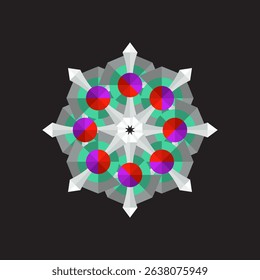 'A complex abstract digital art piece featuring a symmetrical geometric star mandala with teal, magenta, and red circular elements and sharp white arrow-like shapes on a sleek black background,