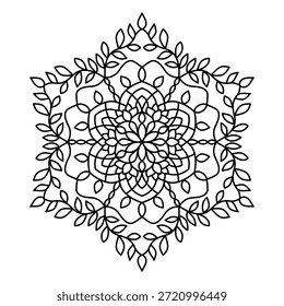 "Una compleja Ilustración vectorial de mandala en blanco y negro con Elementos botánicos y frondosas vides. Diseñado con simetría de seis lados, esta elegante línea de arte es perfecto para páginas para colorear para adultos, diseños de henna, arte de pared o bordes decorativos".