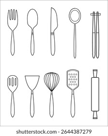 "Um conjunto abrangente de 10 ícones vetoriais com utensílios de cozinha e talheres essenciais. Esta coleção inclui ícones versáteis, como garfo, colher, faca, espátula e muito mais.