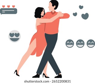 "Um casal dança graciosamente sob luzes cintilantes, com seus movimentos sincronizados com a música, expressando alegria e amor. Eles giram, mergulham e se abraçam na pista de dança.